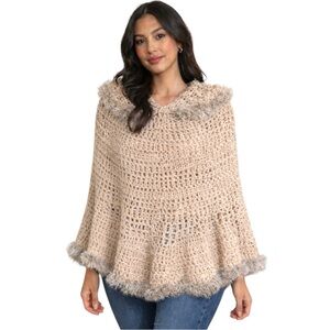 Hand Knit Cream Textured Chunky M/L Sweater Eyelash Trim Cozy Boho